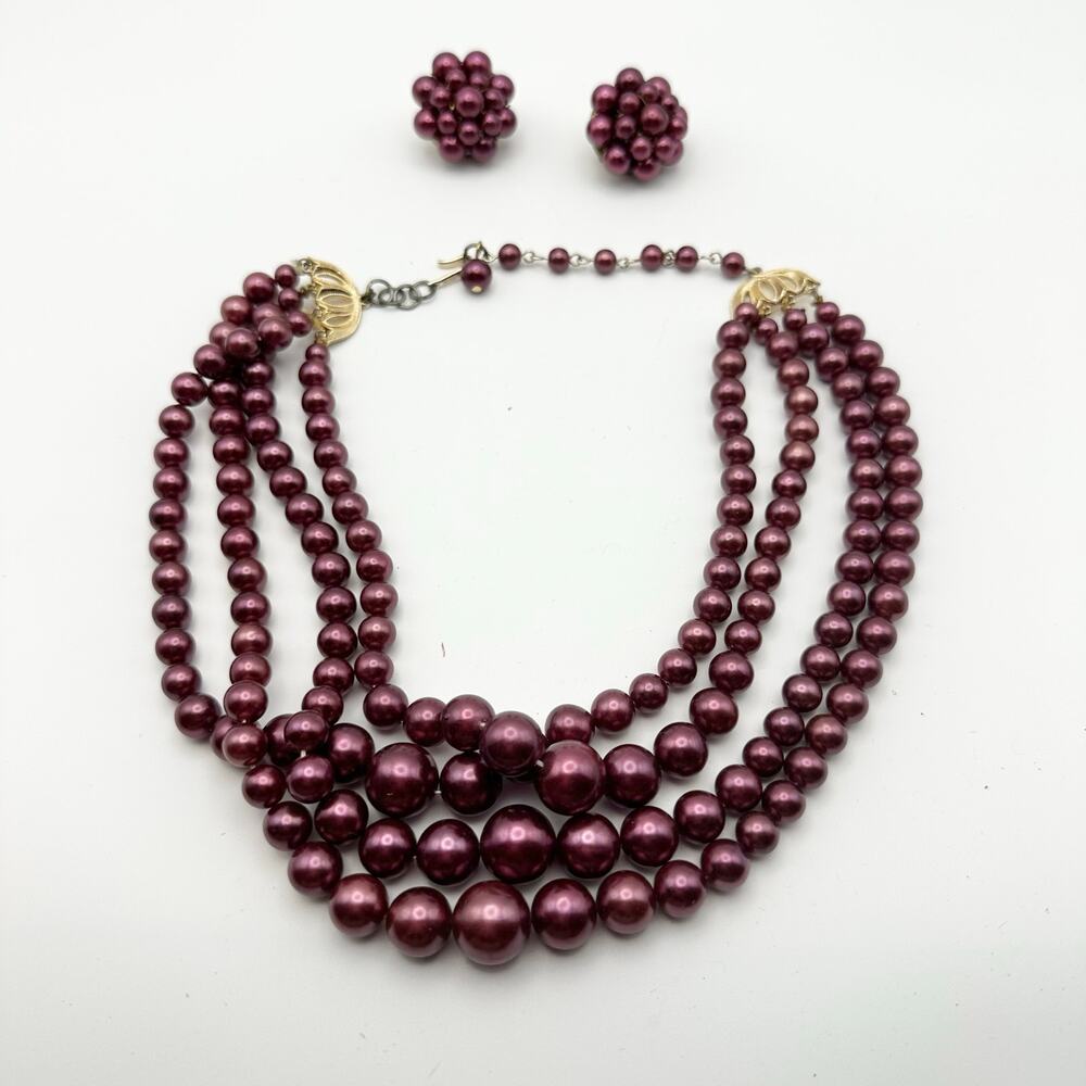 Vintage Japan Purple Metallic Round Bead Four Strand Necklace Clip Earrings Set